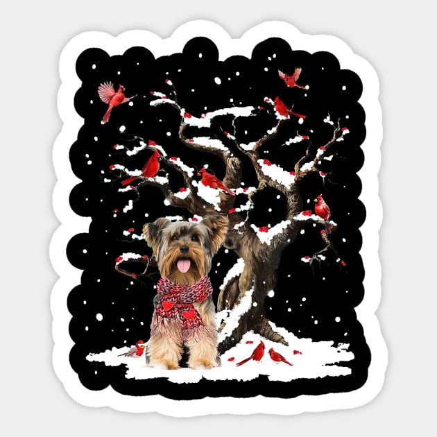 Yorkshire Terrier Scarf Cardinal Snow Christmas Sticker by Benko Clarence